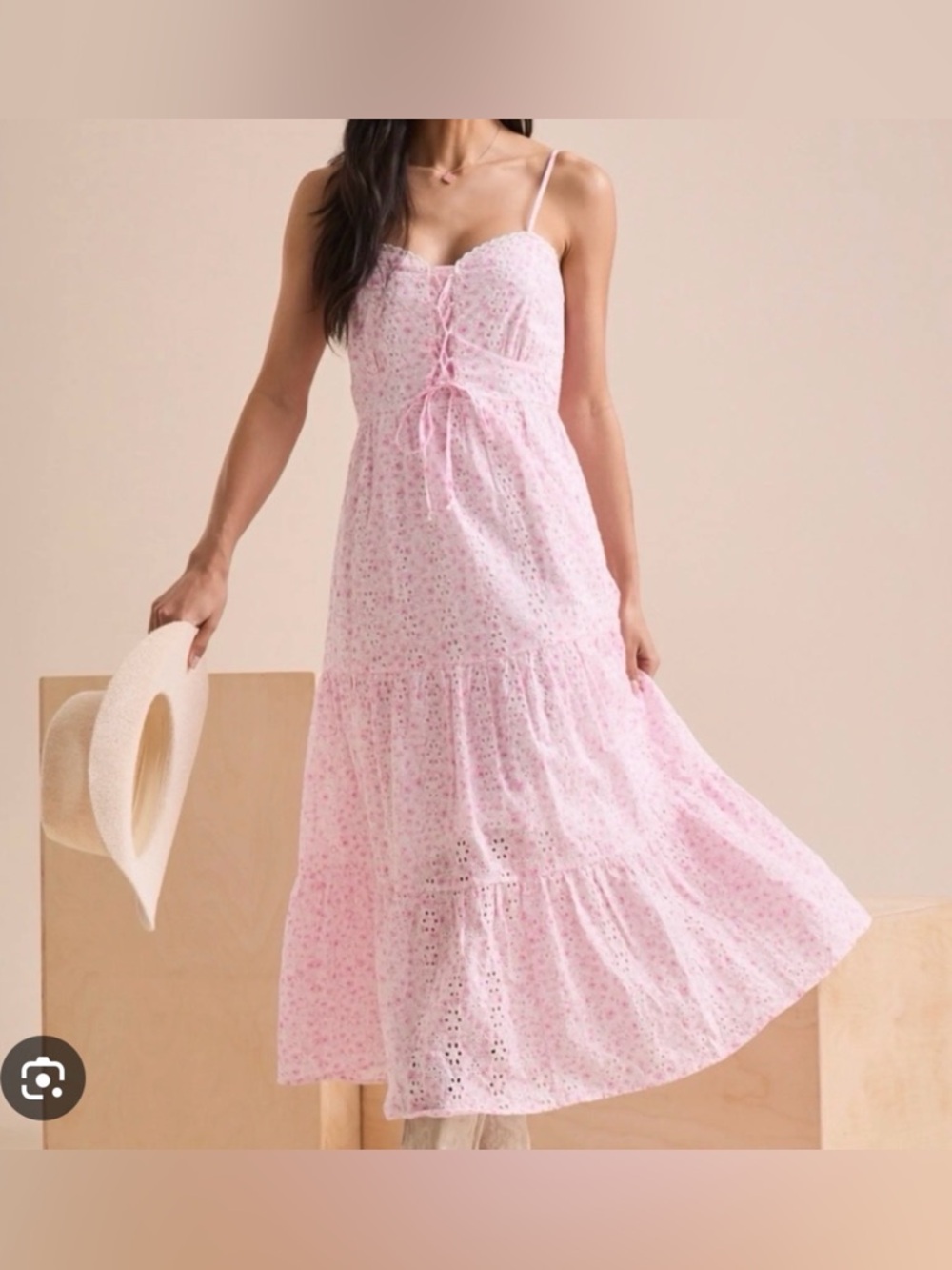 Altar'd State Pink Eyelet Lace-Up Midi Sundress